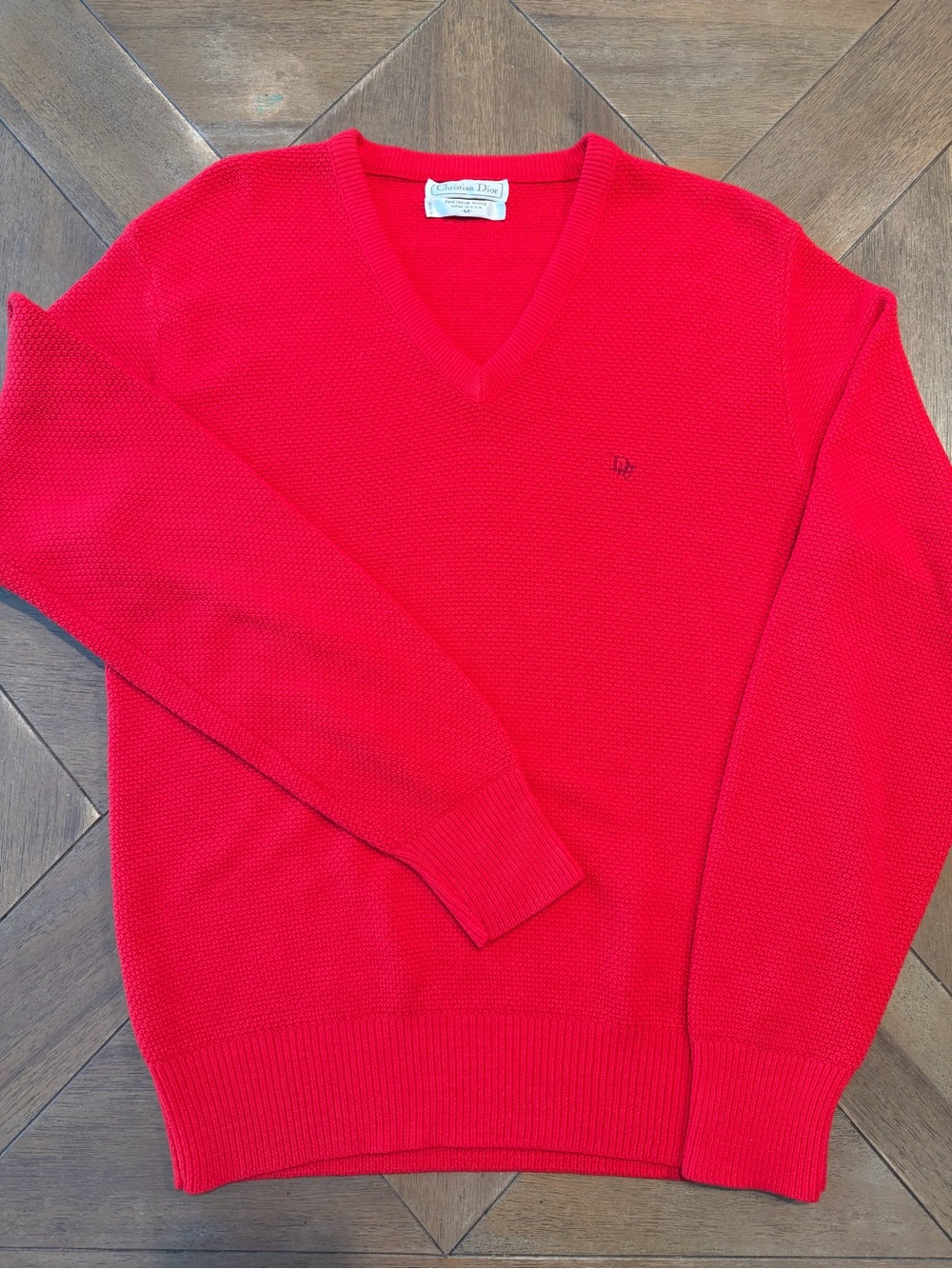 Vintage 1970's Christian Dior Red Orlon Acrylic V-Neck Sweater Men's M Made USA